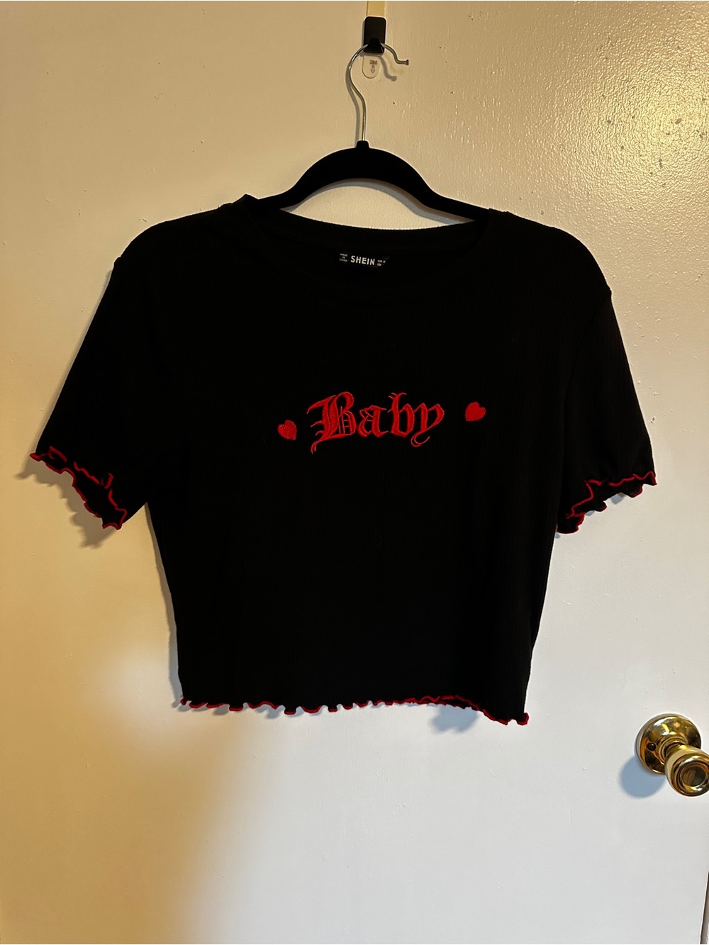 SHEIN Black Crop Tee with Red 'Baby' Embroidery and Hearts